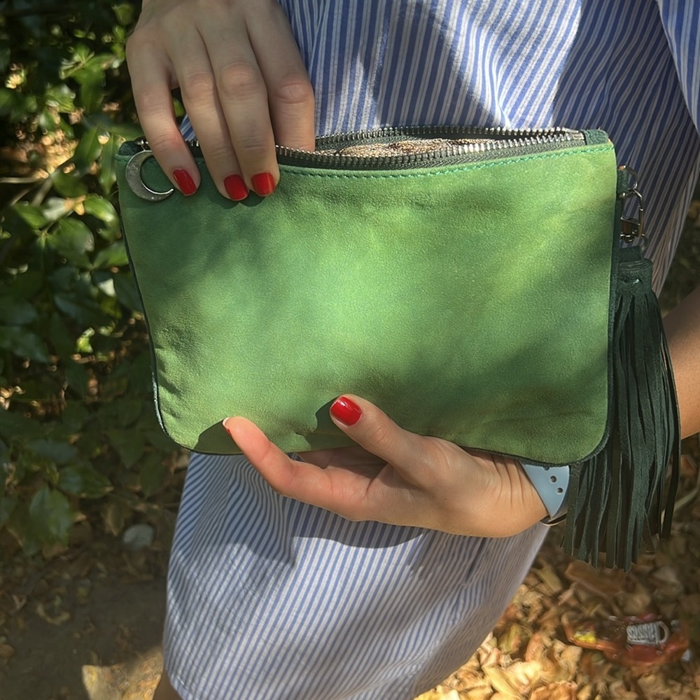 Orange suede green leather pouch - Picture 10 of 13